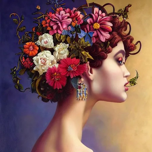 Image similar to dynamic composition, a painting of woman with hair of ( summer flowers )!! and vines wearing ornate earrings, ornate gilded details, a surrealist painting by tom bagshaw and jacek yerga and tamara de lempicka and jesse king, featured on cgsociety, pop surrealism, surrealist, dramatic lighting, wiccan, pre - raphaelite