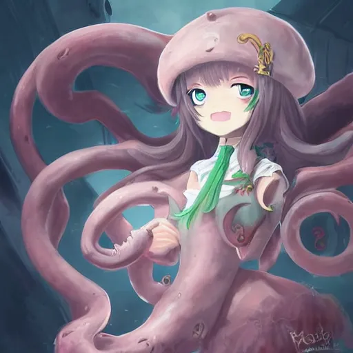 Image similar to portrait of the cthulhu with wings and tentacles but as a cute anime girl, by rossdraws, wlop