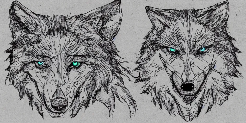 Prompt: face of a wolf. in the style of a Map-style Skyrim Lord of the rings map zelda breath of the wild map, video game style drawing on parchment