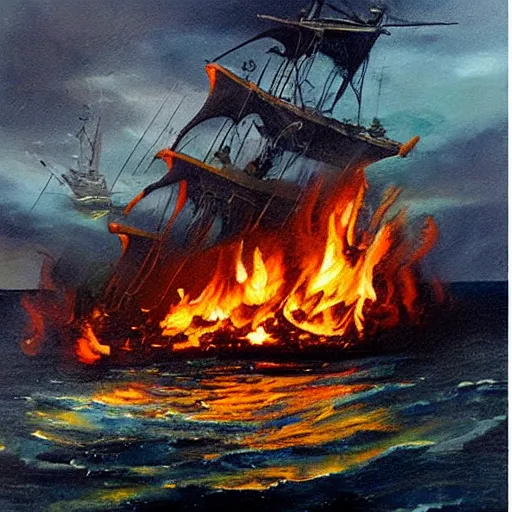 Prompt: pirate ship burning in the sea, at night with storm, oil painting