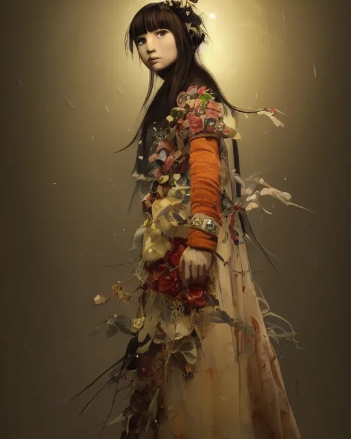 Image similar to studio photo portrait of Lain Iwakura from Serial Experiments Lain wearing floral garlands over her traditional dress. full height portrait of Lain as a slavic pagan priestess wearing traditional pagan dress adorned with golden tiara, concept art by Greg Rutkowski and James Dean and Ross Tran, ultrarealistic octane render, 8k, rtx on, trending on ArtStation