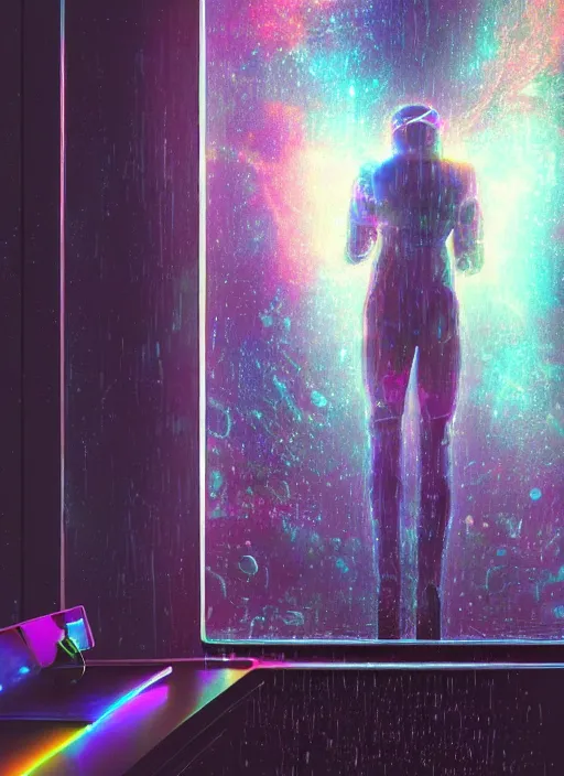 Prompt: one cyber godly person made of cosmic nebula galaxy energy watching a rainy colorful complex cyberpunk futuristic holographic city from behind at night through a window in a room, reflections, high contrast, 8 k, photorealistic, concept art, wet, highly detailed, cinematic mood by ridley scott, ghost in the shell, trending on artstation, glowing and epic