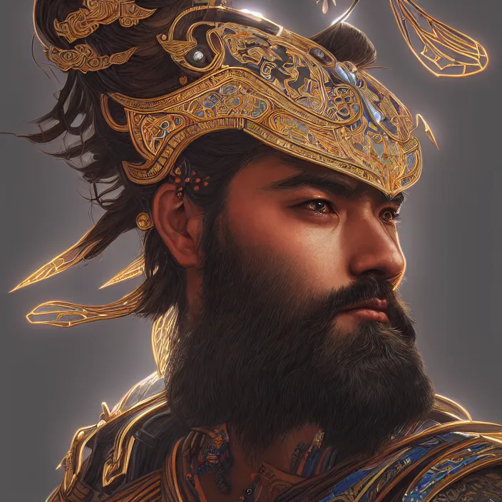 Image similar to symmetry! portrait of a bearded warrior, face decorated with chinese opera motifs, leds horizon zero dawn machine, intricate, elegant, highly detailed, digital painting, artstation, concept art, smooth, sharp focus, illustration, art by artgerm and greg rutkowski and alphonse mucha, 8 k