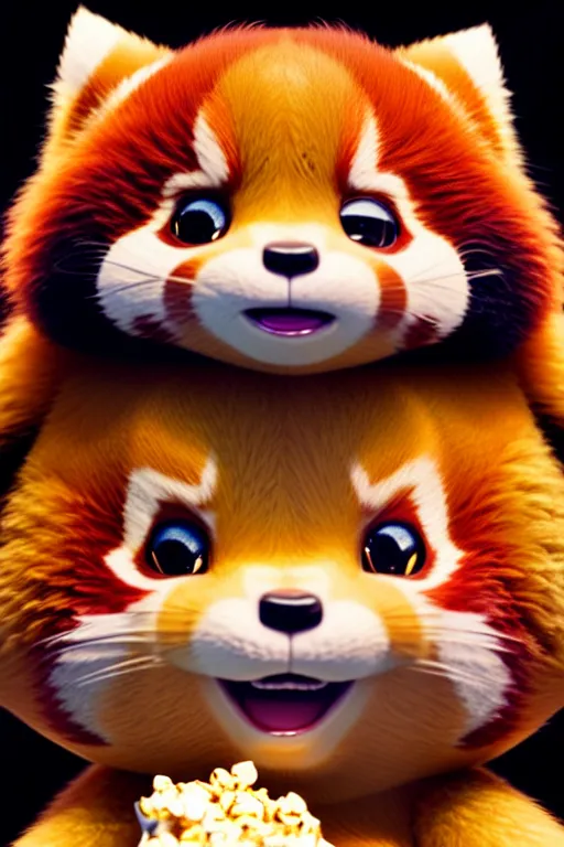 Prompt: high quality 3 d render hyperrealist very cute happy red panda & cat hybrid stuffing face with popcorn, vray smooth, in the style of detective pikachu, very dramatic light, low angle, uhd 8 k, shallow depth or field