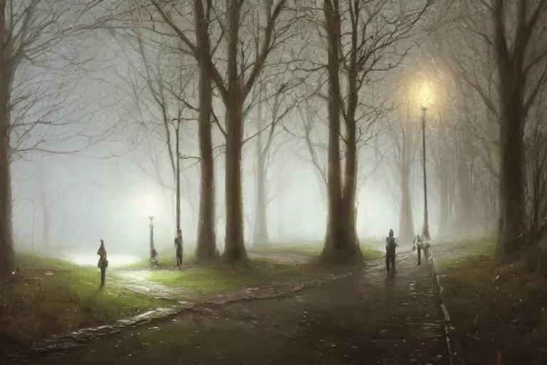 Image similar to beautiful painting of a path in an old england park at night, greg rutkowski, james gurney, artstation.