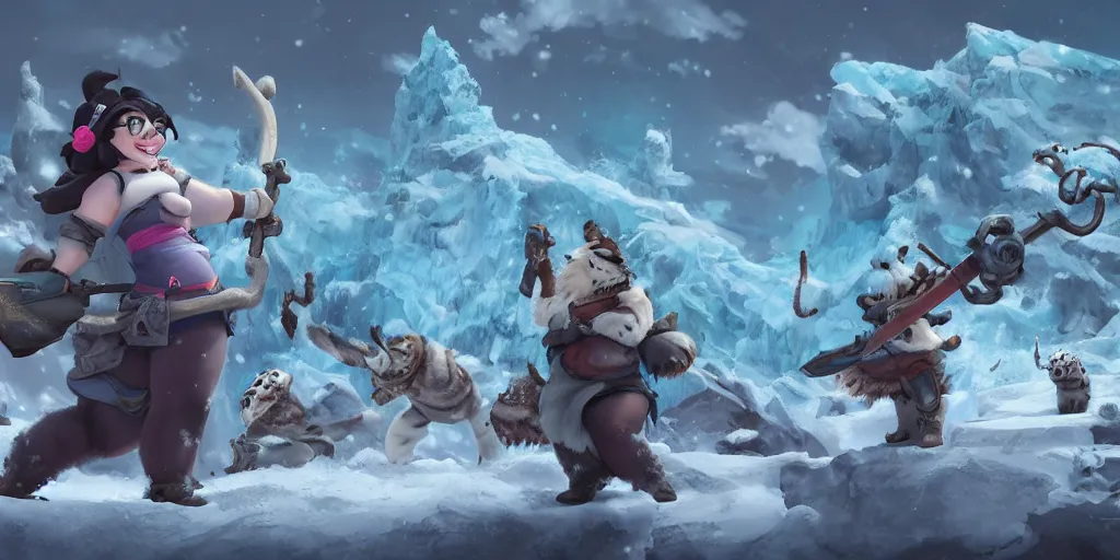 Prompt: matte painting of mei from overwatch holding an axe and fighting snow leopards in ice age, green acid rain, trending on artstation