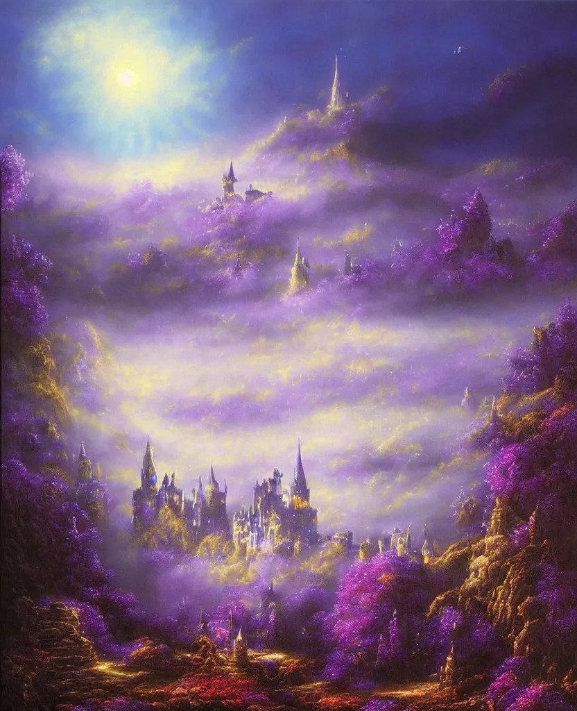 Image similar to beautiful matte airbrush painting of a of a fantasy landscape with a european medieval castle made of light in the distance enveloped in trails of colorful animal ghosts floating around it, clear painting and good lighting, dark blue and intense purple color palette, mystical fog, art by gilbert williams, yoshitaka amano, high quality