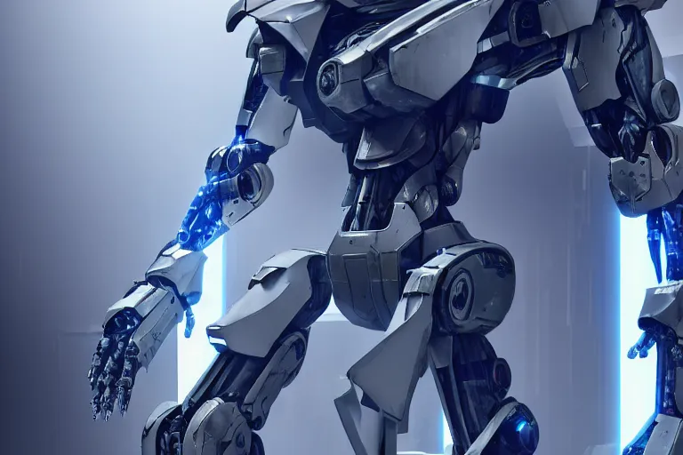 Image similar to cyberpunk alien concept inspired mecha robot, futuristic look, highly detailed body, very powerful, photorealistic camera shot, bright studio setting, studio lighting, crisp quality and light reflections, unreal engine 5 quality render