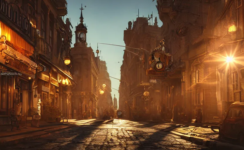 Image similar to photorealistic steampunk city streets. daylight. sunlight. lens flare. light fixtures. 8K. detailed. photorealism. artstation. 25mm f/1.7 ASPH Lens. ultra realistic