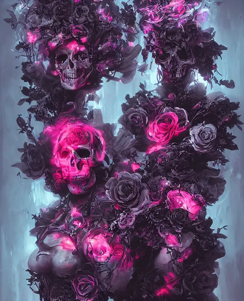 Image similar to a chaotic goddess of death skull black rose s day of the dead atmospheric, dramatic, Trending on artstation. augmentations and cybernetic enhancements neon circuits, greg rutkowski , hyperrealist, cinema4D, 8k highly detailed ❤️‍🔥 🔥 💀 🤖 🚀