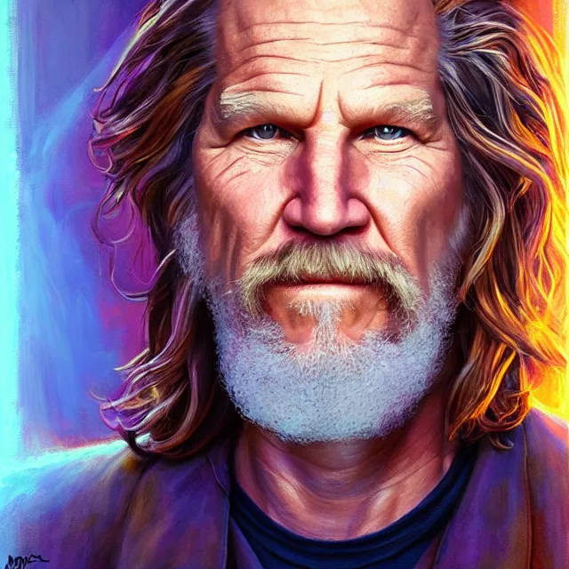 Prompt: portrait of a jeff bridges as the dude by mandy jurgens, cartoon, oil painting, visionary art, symmetric, magick symbols, holy halo, dramatic ambient lighting, high detail, vibrant colors,