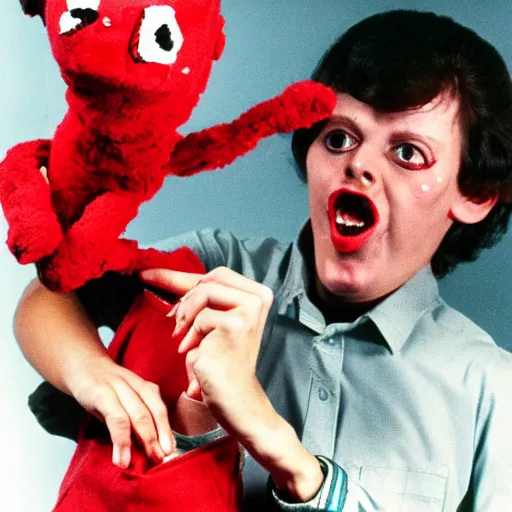 Image similar to 1 9 8 0's television talent show, a puppeteer covered in blood being brutally attacked by a hand puppet he is wearing