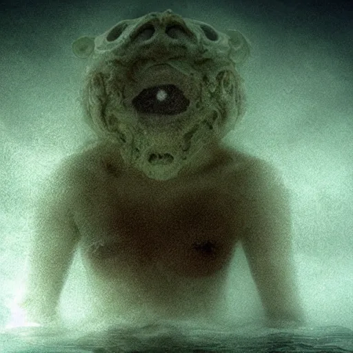 Image similar to sea monster about to eat pov underwater, pale skin, dark yellowish water, foggy water, dark, dramatic,'silent hill ', big eyes, alluring and terrifying, cinematic