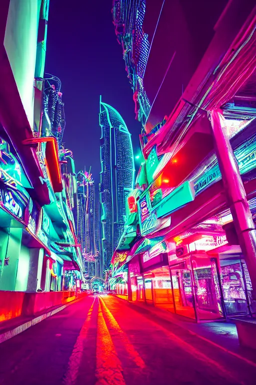 Prompt: neon streets of dubai, 4 k, award winning photo, cyberpunk style