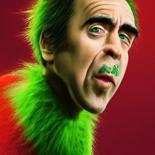 Image similar to nicholas cage as grinch portrait, cinematic, realistic photography