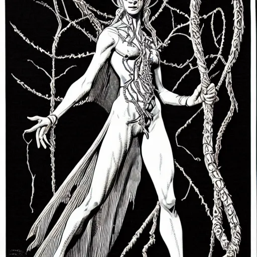 Image similar to full body of an elven witch,intricate, veins, by Hugo pratt, ultradetailed