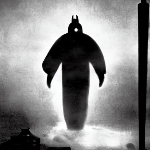 Image similar to Kaiju Starro, fog, Ishirō Honda, vintage movie shot, Orson Welles, fog, night, missile explosions