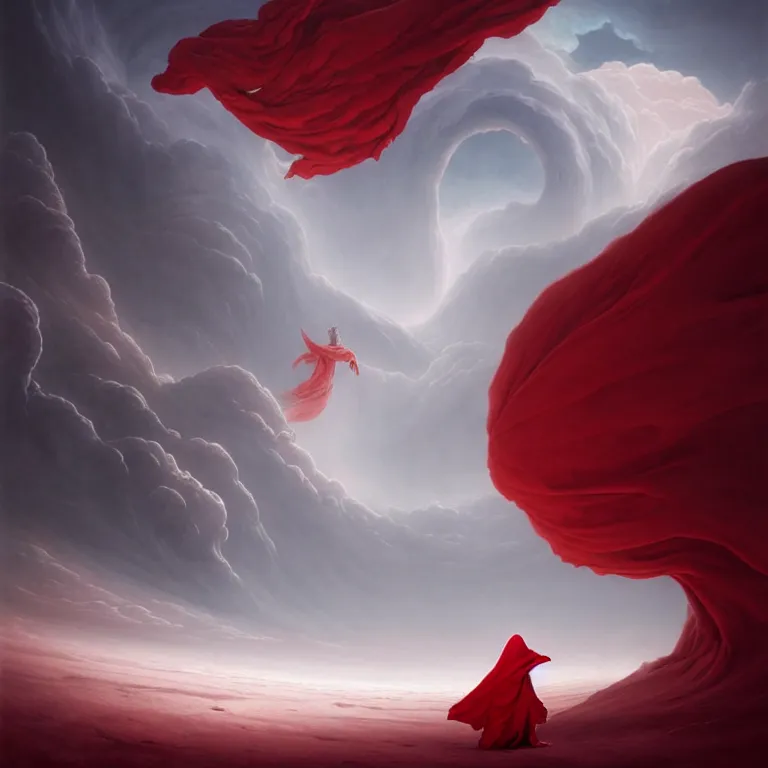 Image similar to one lone singular swirling otherworldly angel shrouded in red robes emerges from extensive barren white dunescape, matte painting by peter mohrbacher and filip hodas, background basilica sacre coeur, godrays, high contrast, highly detailed, a