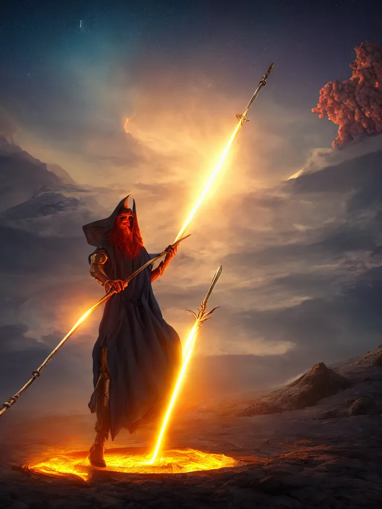 Image similar to levitating wizard wielding a spear, opening a shining portal, night sky, horizon of an erupting volcano, 4 k, ultra realistic, detailed, epic lighting, high detail, masterpiece, trending on artstation