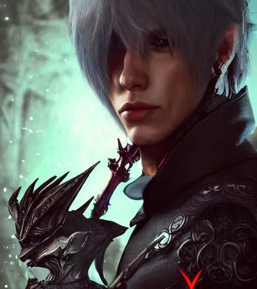 Image similar to V from Devil May Cry as an elf, wearing daedric armour, with animal sidekick, BLACK hair, tattoos, medium shot portrait by loish and WLOP, octane render, dynamic lighting, asymmetrical portrait, highly detailed, dark fantasy, trending on ArtStation