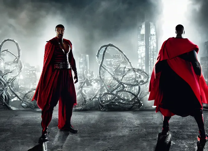 Prompt: film still of michael b jordan as spawn in the new spawn movie, giant chains, large cape, 8 k