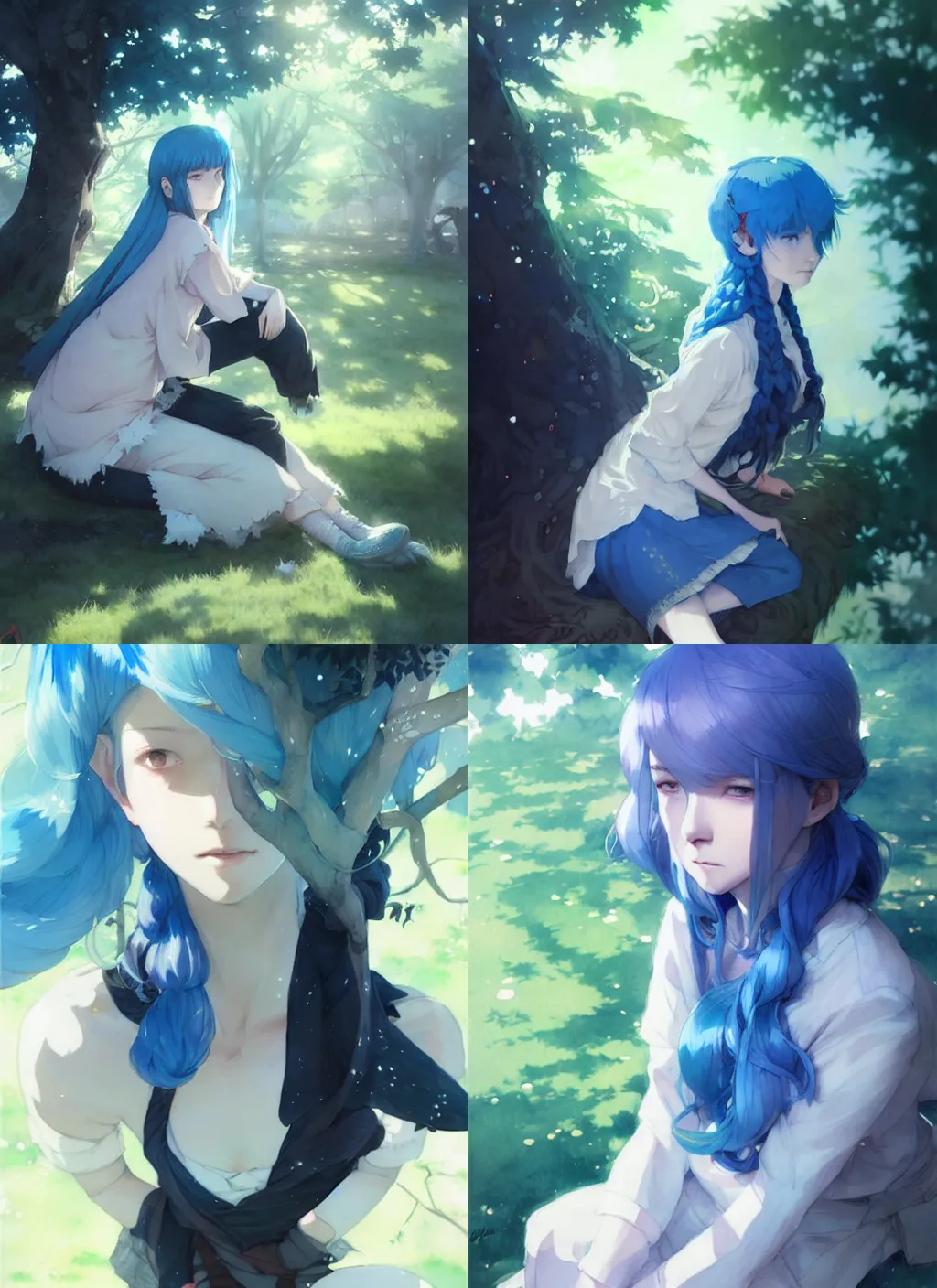 Image similar to portrait of a girl with blue hair rest under the tree, illustration, top lighting, perfect shadow, leaning towards watercolor, art by hidari and krenz cushart and wenjun lin