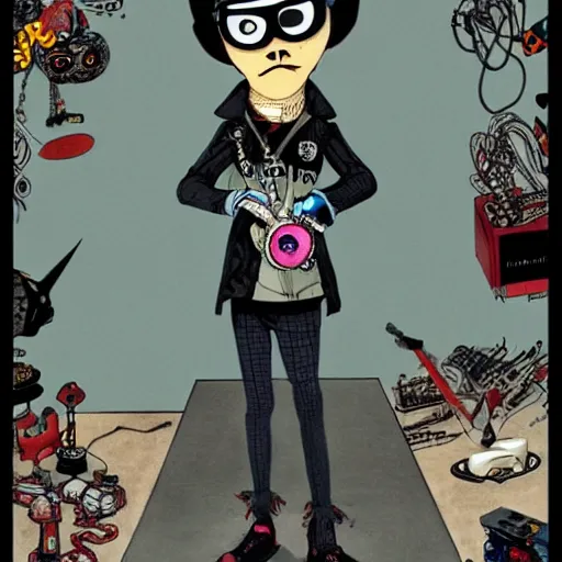 Prompt: a nerdy goth guy wearing goggles and eccentric jewelry by jamie hewlett :: full body character concept art, full body, detailed