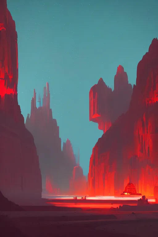 Image similar to futuristic temples glowing red in canyon, monks, light streaks in the sky, floating planets, dramatic lighting, artstation, matte painting, ralph mcquarrie, simon stalenhag