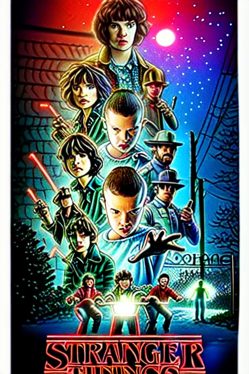 Image similar to Stranger Things Season poster with cast of Futurama, Matt Groening, high resolution, hyper detailed, intricate, photorealistic, all cast members, netfilx !n-9