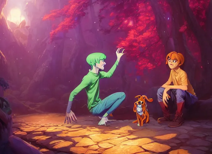 Prompt: highly detailed portrait of scooby doo and shaggy, in no game no life, stephen bliss, 8 k, unreal engine, fantasy art by greg rutkowski, loish, rhads, ferdinand knab, makoto shinkai and lois van baarle, ilya kuvshinov, rossdraws, tom bagshaw, global illumination, radiant light, detailed and intricate environment