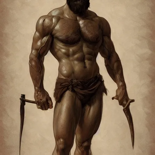 Image similar to portrait of a rugged ranger, muscular, upper body, hairy torso, detailed detailed detailed hands hands hands hands, D&D, fantasy, bare bare bare bare thighs thighs thighs intricate, elegant, highly detailed, digital painting, artstation, concept art, smooth, sharp focus, illustration, art by alphonse mucha