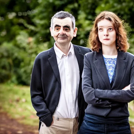 Image similar to A portrait mr bean elizabeth teams up with a teenage mr bean, perfect faces, 50 mm, award winning photography