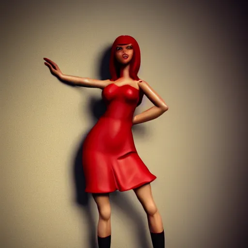 Prompt: woman, red short dress, black hair, by milo manara, 3 d render, red high heels, face, house, high - poly