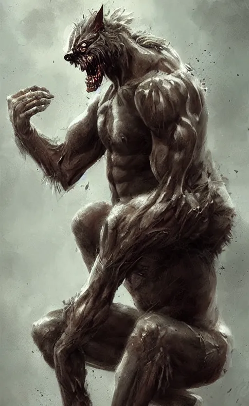 Image similar to Portrait of a zombie werewolf sitting down, male, muscular, bare thighs!!!, simple clothing!!!!!, fantasy, medieval, highly detailed, cinematic lighting, digital art painting by greg rutkowski