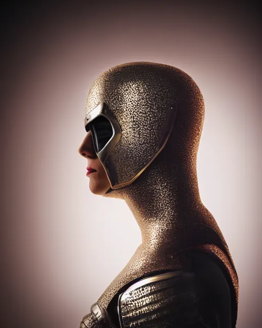 Prompt: realistic photo portrait of a metal hero woman with human head, studio lighting, 1 5 0 mm