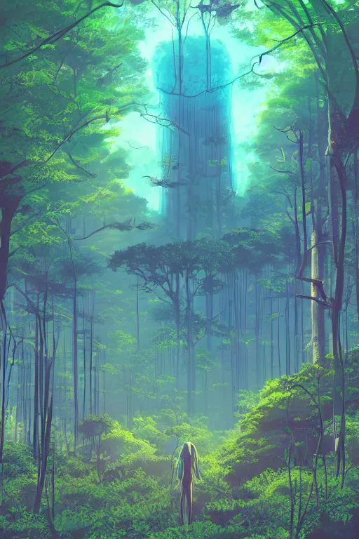 Image similar to concept art painting of an alien world with sentient forests, artgerm, moebius, inio asano, toon shading, cel shading, calm, tranquil, vaporwave colors,