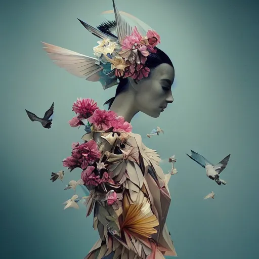 Image similar to 3 / 4 view of a beautiful girl wearing an origami dress, eye - level medium shot, fine floral ornaments in cloth and hair, hummingbirds, elegant, by eiko ishioka, givenchy, ambrosius boeschaert, by peter mohrbacher, centered, fresh colors, origami, fashion, detailed illustration, vogue, native american woman, reallusion character creator