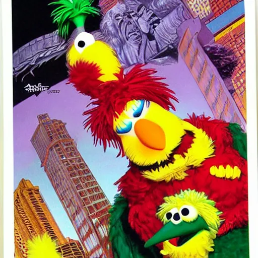 Image similar to big bird from sesame street by artgem by brian bolland by alex ross by artgem by brian bolland by alex rossby artgem by brian bolland by alex ross by artgem by brian bolland by alex ross