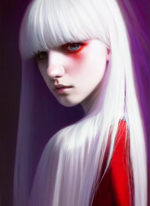 Image similar to hair whitebangs hair, black hair, whitebangs, portrait of teenage girl with white bangs, red irises, purple clothes, white bangs, bangs are different color from hair, intricate, elegant, glowing lights, highly detailed, digital painting, artstation, concept art, smooth, sharp focus, illustration, art by wlop, mars ravelo and greg rutkowski