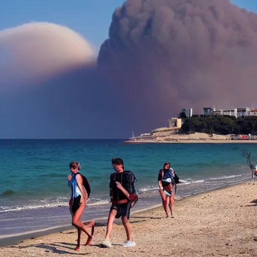 Image similar to a press photography tourists escaping a Crimean beach ⛱️ , explosions in the background, dark smoke in the distance, blue sky