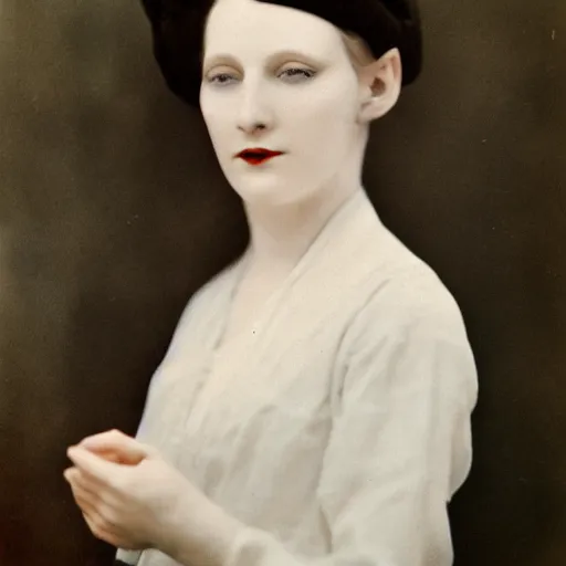 Prompt: close photo portrait of a pale skin woman wearing 1 9 2 0'clothes, long hook nose, colorized