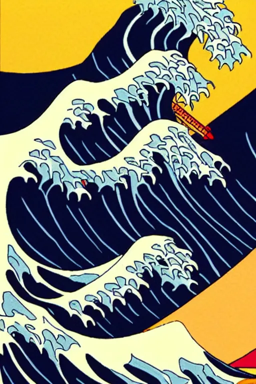 Image similar to Patrick Nagel Poster Illustration of The Great Wave off Kanagawa, sunset in the background