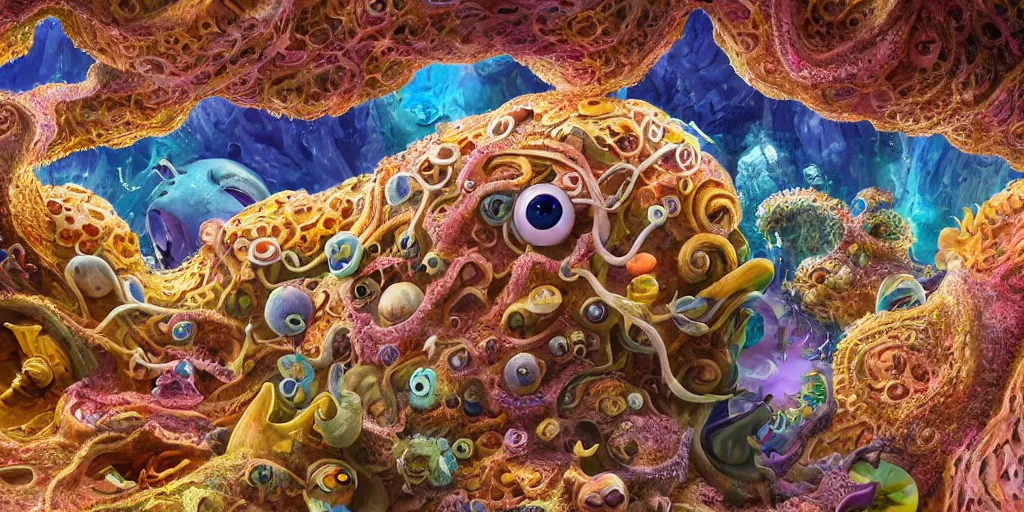 Image similar to of an intricate sea reef with strange cute friendly happy creatures with huge eyes, mouth, long tongue, round teeth and goofy face, appearing from the background, in the style of gehry and gaudi, macro lens, shallow depth of field, ultra detailed, digital painting, trending artstation, concept art, illustration, cinematic lighting, photorealism, epic, octane render