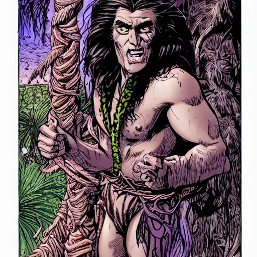 Prompt: precisely drawn illustration of Tarzan blended with Jerry Garcia, wide angle, sharp, fine details, French comic style, vibrant realistic colors, full color, heroic fantasy, intense line art, 8k, precise linework, realistic, in the style of Heavy Metal Comics and Richard Corben and Moebius