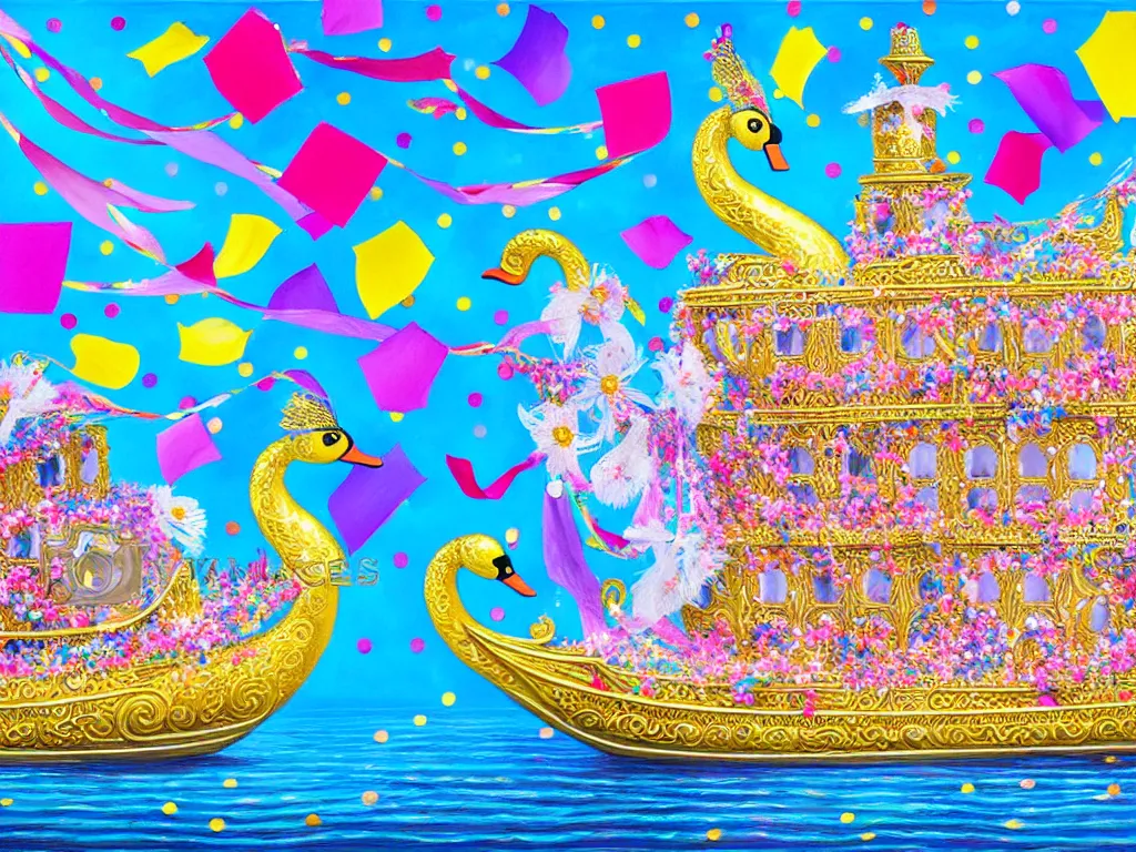 Image similar to a highly detailed painting of a fantasy ornate embellished swan boat cruise ship covered in flowers, streamers, confetti, pin wheels, kites.