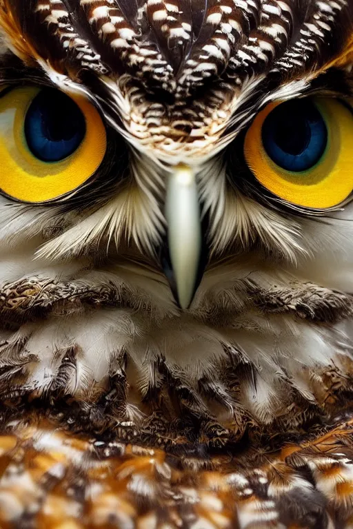 Image similar to a macro photo of a gorgeous owl with beautiful big eyes staring at the camera, dynamic pose, close - up, intricate details, intricately detailed feathers, intricate textures, warm lighting, vivid colors, smoke and mist, realistic octane render, hyper realistic render, volumetric shading, depth of field, raytracing, 8 k,