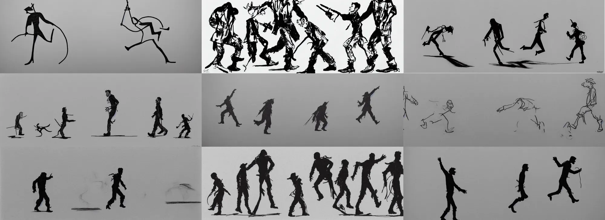Prompt: mad max being very goofy and funny in monty pythons ministry of silly walks, very light and soft pencil drawing of silhouettes walking silly by james jean, minimalist line drawing on white background, very silly, very minimalist, very light, very soft