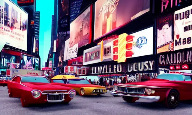 Prompt: vintage cars in times square, grand theft auto, photorealistic hyperdetailed 3 d matte painting, hyperrealistic, cinematic, unrealengine octane render,
