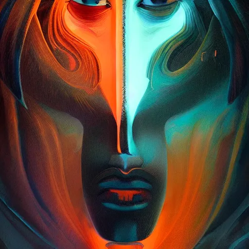 Image similar to olympian god starring into the camera, fixed eyes, flowing black coat with glowing neon orange trim, inside a museum, colorful, surreal, dramatic lighting, face, detailed, intricate, elegant, highly detailed, digital painting, artstation, chalk, concept art, smooth, sharp focus, illustration, art by sam spratt, dan mumford, artem demura and alphonse mucha