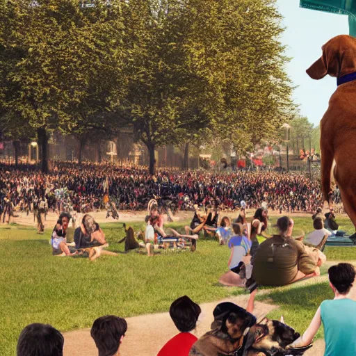 Prompt: a large crowd of people watch a dog do tricks in a park, beautiful detailed intricate insanely detailed 3D render digital art, octane render, 8K artistic portrait photography, photorealistic digital art, realistic volumetric lighting